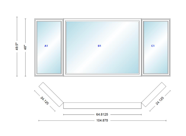 Andersen 400 Series Casement Bay Window Left-Stationary-Right 104 7/8" Wide Picture With Casement Flankers 45 Degree Angle Of Deflection Vinyl Exterior Wood Interior Low-E4 Dual Pane Argon Gas