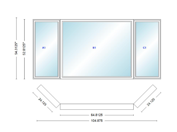 Andersen 400 Series Casement Bay Window Left-Stationary-Right 104 7/8" Wide Picture With Casement Flankers 45 Degree Angle Of Deflection Vinyl Exterior Wood Interior Low-E4 Dual Pane Argon Gas