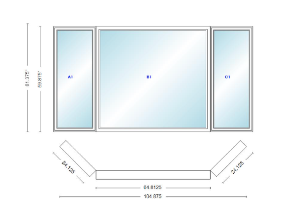 Andersen 400 Series Casement Bay Window Left-Stationary-Right 104 7/8" Wide Picture With Casement Flankers 45 Degree Angle Of Deflection Vinyl Exterior Wood Interior Low-E4 Dual Pane Argon Gas