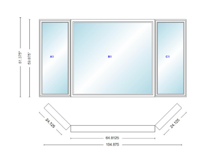 Andersen 400 Series Casement Bay Window Left-Stationary-Right 104 7/8" Wide Picture With Casement Flankers 45 Degree Angle Of Deflection Vinyl Exterior Wood Interior Low-E4 Dual Pane Argon Gas