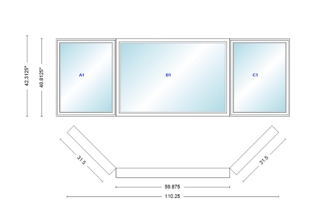 Andersen 400 Series Casement Bay Window Left-Stationary-Right 110 1/4" Wide Picture With Casement Flankers 45 Degree Angle Of Deflection Vinyl Exterior Wood Interior Low-E4 Dual Pane Argon Gas