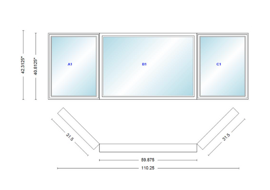 Andersen 400 Series Casement Bay Window Left-Stationary-Right 110 1/4" Wide Picture With Casement Flankers 45 Degree Angle Of Deflection Vinyl Exterior Wood Interior Low-E4 Dual Pane Argon Gas