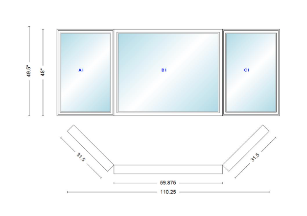 Andersen 400 Series Casement Bay Window Left-Stationary-Right 110 1/4" Wide Picture With Casement Flankers 45 Degree Angle Of Deflection Vinyl Exterior Wood Interior Low-E4 Dual Pane Argon Gas