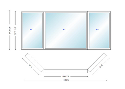 Andersen 400 Series Casement Bay Window Left-Stationary-Right 110 1/4" Wide Picture With Casement Flankers 45 Degree Angle Of Deflection Vinyl Exterior Wood Interior Low-E4 Dual Pane Argon Gas