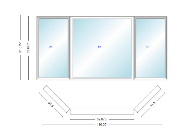 Andersen 400 Series Casement Bay Window Left-Stationary-Right 110 1/4" Wide Picture With Casement Flankers 45 Degree Angle Of Deflection Vinyl Exterior Wood Interior Low-E4 Dual Pane Argon Gas