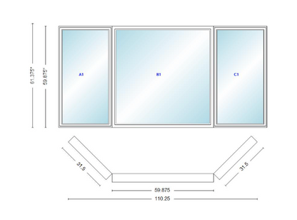 Andersen 400 Series Casement Bay Window Left-Stationary-Right 110 1/4" Wide Picture With Casement Flankers 45 Degree Angle Of Deflection Vinyl Exterior Wood Interior Low-E4 Dual Pane Argon Gas