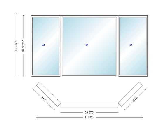 Andersen 400 Series Casement Bay Window Left-Stationary-Right 110 1/4" Wide Picture With Casement Flankers 45 Degree Angle Of Deflection Vinyl Exterior Wood Interior Low-E4 Dual Pane Argon Gas