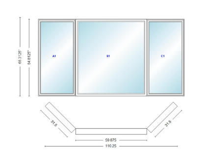 Andersen 400 Series Casement Bay Window Left-Stationary-Right 110 1/4" Wide Picture With Casement Flankers 45 Degree Angle Of Deflection Vinyl Exterior Wood Interior Low-E4 Dual Pane Argon Gas