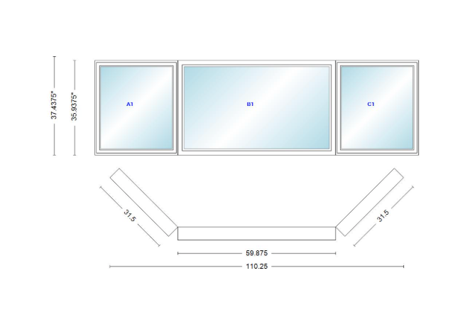 Andersen 400 Series Casement Bay Window Left-Stationary-Right 110 1/4" Wide Picture With Casement Flankers 45 Degree Angle Of Deflection Vinyl Exterior Wood Interior Low-E4 Dual Pane Argon Gas