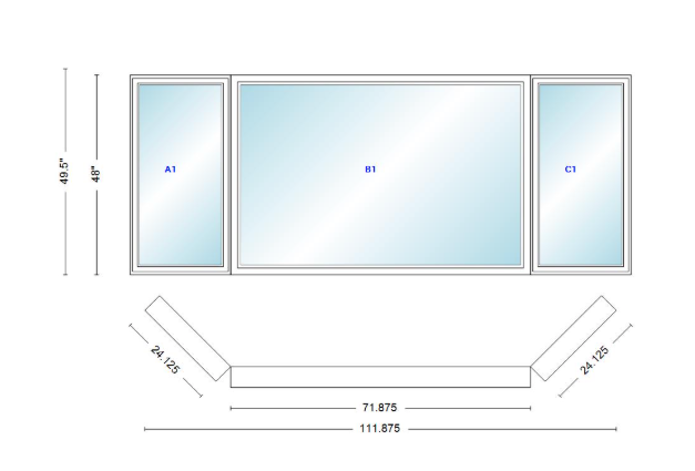 Andersen 400 Series Casement Bay Window Left-Stationary-Right 111 7/8" Wide Picture With Casement Flankers 45 Degree Angle Of Deflection Vinyl Exterior Wood Interior Low-E4 Dual Pane Argon Gas