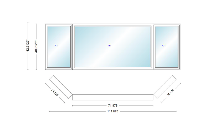 Andersen 400 Series Casement Bay Window Left-Stationary-Right 111 7/8" Wide Picture With Casement Flankers 45 Degree Angle Of Deflection Vinyl Exterior Wood Interior Low-E4 Dual Pane Argon Gas