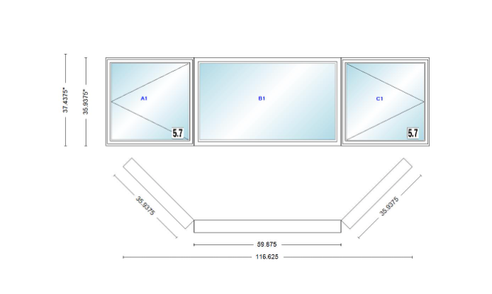 Andersen 400 Series Casement Bay Window Left-Stationary-Right 116 5/8" Wide Picture With Casement Flankers 45 Degree Angle Of Deflection Vinyl Exterior Wood Interior Low-E4 Dual Pane Argon Gas