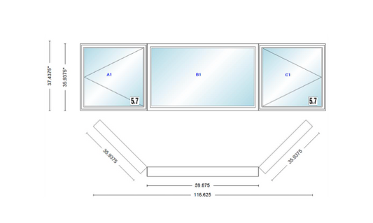 Andersen 400 Series Casement Bay Window Left-Stationary-Right 116 5/8" Wide Picture With Casement Flankers 45 Degree Angle Of Deflection Vinyl Exterior Wood Interior Low-E4 Dual Pane Argon Gas