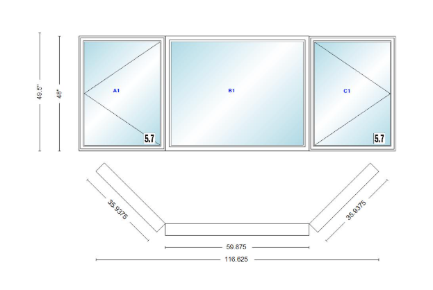 Andersen 400 Series Casement Bay Window Left-Stationary-Right 116 5/8" Wide Picture With Casement Flankers 45 Degree Angle Of Deflection Vinyl Exterior Wood Interior Low-E4 Dual Pane Argon Gas