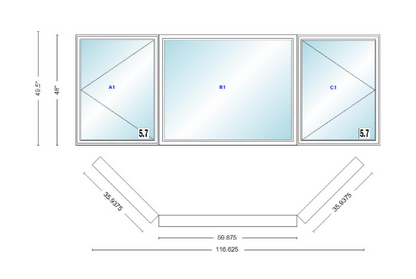 Andersen 400 Series Casement Bay Window Left-Stationary-Right 116 5/8" Wide Picture With Casement Flankers 45 Degree Angle Of Deflection Vinyl Exterior Wood Interior Low-E4 Dual Pane Argon Gas