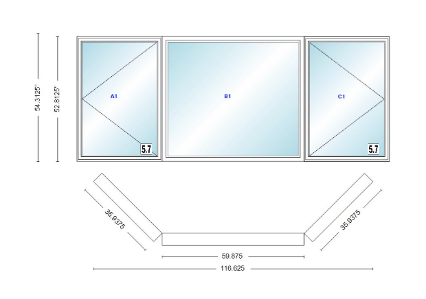 Andersen 400 Series Casement Bay Window Left-Stationary-Right 116 5/8" Wide Picture With Casement Flankers 45 Degree Angle Of Deflection Vinyl Exterior Wood Interior Low-E4 Dual Pane Argon Gas
