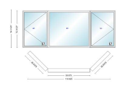 Andersen 400 Series Casement Bay Window Left-Stationary-Right 116 5/8" Wide Picture With Casement Flankers 45 Degree Angle Of Deflection Vinyl Exterior Wood Interior Low-E4 Dual Pane Argon Gas
