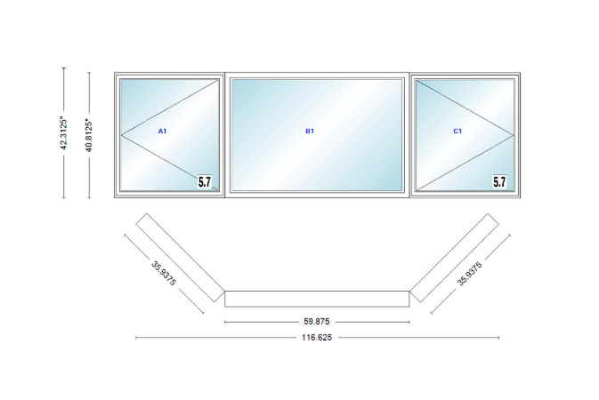 Andersen 400 Series Casement Bay Window Left-Stationary-Right 116 5/8" Wide Picture With Casement Flankers 45 Degree Angle Of Deflection Vinyl Exterior Wood Interior Low-E4 Dual Pane Argon Gas