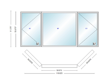 Andersen 400 Series Casement Bay Window Left-Stationary-Right 116 5/8" Wide Picture With Casement Flankers 45 Degree Angle Of Deflection Vinyl Exterior Wood Interior Low-E4 Dual Pane Argon Gas