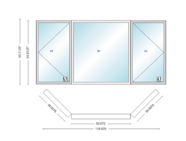 Andersen 400 Series Casement Bay Window Left-Stationary-Right 116 5/8" Wide Picture With Casement Flankers 45 Degree Angle Of Deflection Vinyl Exterior Wood Interior Low-E4 Dual Pane Argon Gas