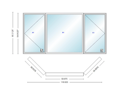 Andersen 400 Series Casement Bay Window Left-Stationary-Right 116 5/8" Wide Picture With Casement Flankers 45 Degree Angle Of Deflection Vinyl Exterior Wood Interior Low-E4 Dual Pane Argon Gas