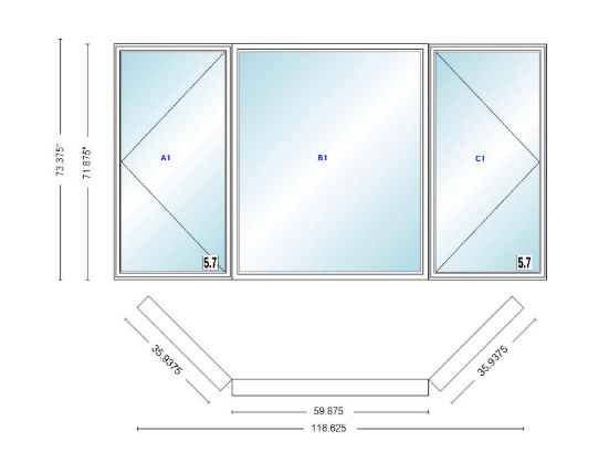 Andersen 400 Series Casement Bay Window Left-Stationary-Right 116 5/8" Wide Picture With Casement Flankers 45 Degree Angle Of Deflection Vinyl Exterior Wood Interior Low-E4 Dual Pane Argon Gas