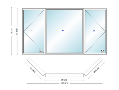 Andersen 400 Series Casement Bay Window Left-Stationary-Right 116 5/8" Wide Picture With Casement Flankers 45 Degree Angle Of Deflection Vinyl Exterior Wood Interior Low-E4 Dual Pane Argon Gas