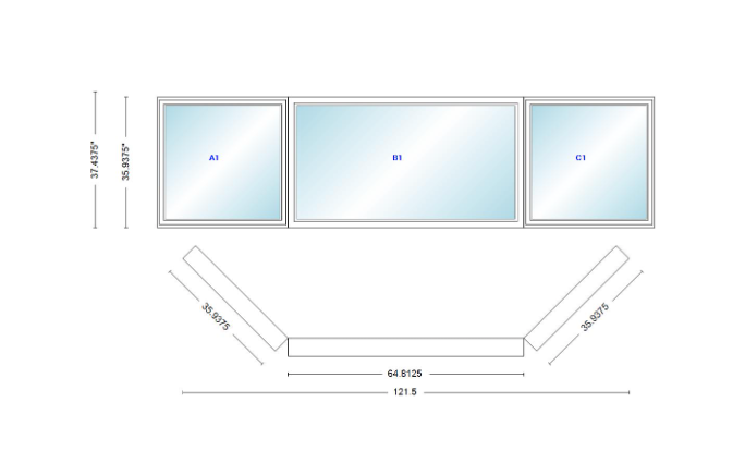 Andersen 400 Series Casement Bay Window Left-Stationary-Right 121 1/2" Wide Picture With Casement Flankers 45 Degree Angle Of Deflection Vinyl Exterior Wood Interior Low-E4 Dual Pane Argon Gas