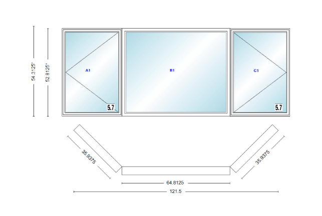 Andersen 400 Series Casement Bay Window Left-Stationary-Right 121 1/2" Wide Picture With Casement Flankers 45 Degree Angle Of Deflection Vinyl Exterior Wood Interior Low-E4 Dual Pane Argon Gas