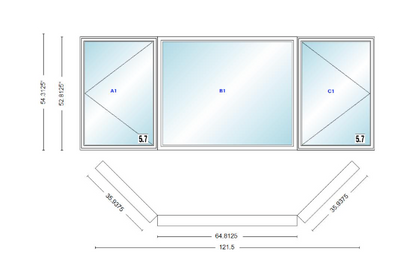 Andersen 400 Series Casement Bay Window Left-Stationary-Right 121 1/2" Wide Picture With Casement Flankers 45 Degree Angle Of Deflection Vinyl Exterior Wood Interior Low-E4 Dual Pane Argon Gas
