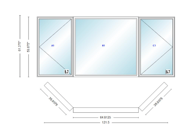 Andersen 400 Series Casement Bay Window Left-Stationary-Right 121 1/2" Wide Picture With Casement Flankers 45 Degree Angle Of Deflection Vinyl Exterior Wood Interior Low-E4 Dual Pane Argon Gas