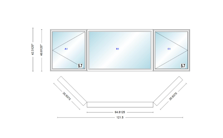 Andersen 400 Series Casement Bay Window Left-Stationary-Right 121 1/2" Wide Picture With Casement Flankers 45 Degree Angle Of Deflection Vinyl Exterior Wood Interior Low-E4 Dual Pane Argon Gas