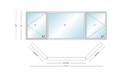 Andersen 400 Series Casement Bay Window Left-Stationary-Right 121 1/2" Wide Picture With Casement Flankers 45 Degree Angle Of Deflection Vinyl Exterior Wood Interior Low-E4 Dual Pane Argon Gas