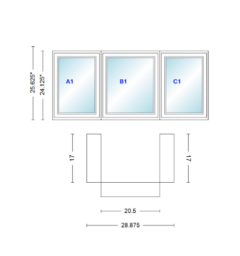 Andersen 400 Series Casement Bay Window Left-Stationary-Right 28 7/8" Wide Casement With Casement Flankers 90 Degree Angle Of Deflection Vinyl Exterior Wood Interior Low-E4 Dual Pane Argon Gas