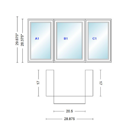 Andersen 400 Series Casement Bay Window Left-Stationary-Right 28 7/8" Wide Casement With Casement Flankers 90 Degree Angle Of Deflection Vinyl Exterior Wood Interior Low-E4 Dual Pane Argon Gas