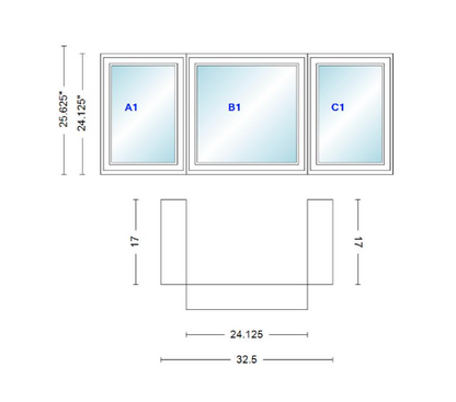 Andersen 400 Series Casement Bay Window Left-Stationary-Right 32 1/2" Wide Casement With Casement Flankers 90 Degree Angle Of Deflection Vinyl Exterior Wood Interior Low-E4 Dual Pane Argon Gas
