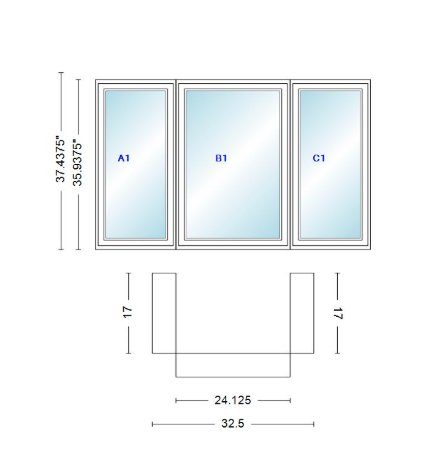 Andersen 400 Series Casement Bay Window Left-Stationary-Right 32 1/2" Wide Casement With Casement Flankers 90 Degree Angle Of Deflection Vinyl Exterior Wood Interior Low-E4 Dual Pane Argon Gas