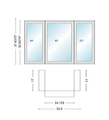 Andersen 400 Series Casement Bay Window Left-Stationary-Right 32 1/2" Wide Casement With Casement Flankers 90 Degree Angle Of Deflection Vinyl Exterior Wood Interior Low-E4 Dual Pane Argon Gas