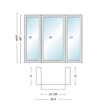 Andersen 400 Series Casement Bay Window Left-Stationary-Right 32 1/2" Wide Casement With Casement Flankers 90 Degree Angle Of Deflection Vinyl Exterior Wood Interior Low-E4 Dual Pane Argon Gas