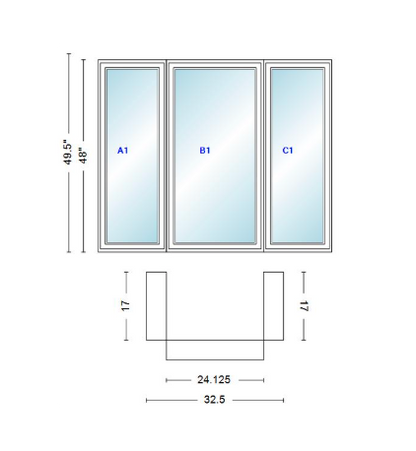 Andersen 400 Series Casement Bay Window Left-Stationary-Right 32 1/2" Wide Casement With Casement Flankers 90 Degree Angle Of Deflection Vinyl Exterior Wood Interior Low-E4 Dual Pane Argon Gas