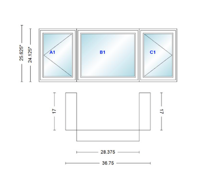 Andersen 400 Series Casement Bay Window Left-Stationary-Right 36 3/4" Wide Casement With Casement Flankers 90 Degree Angle Of Deflection Vinyl Exterior Wood Interior Low-E4 Dual Pane Argon Gas