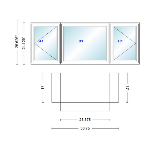 Andersen 400 Series Casement Bay Window Left-Stationary-Right 36 3/4" Wide Casement With Casement Flankers 90 Degree Angle Of Deflection Vinyl Exterior Wood Interior Low-E4 Dual Pane Argon Gas