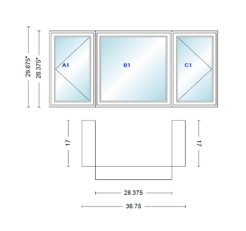 Andersen 400 Series Casement Bay Window Left-Stationary-Right 36 3/4" Wide Casement With Casement Flankers 90 Degree Angle Of Deflection Vinyl Exterior Wood Interior Low-E4 Dual Pane Argon Gas