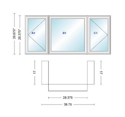 Andersen 400 Series Casement Bay Window Left-Stationary-Right 36 3/4" Wide Casement With Casement Flankers 90 Degree Angle Of Deflection Vinyl Exterior Wood Interior Low-E4 Dual Pane Argon Gas