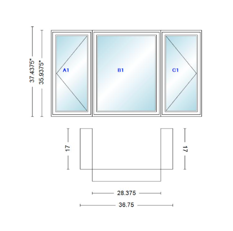 Andersen 400 Series Casement Bay Window Left-Stationary-Right 36 3/4" Wide Casement With Casement Flankers 90 Degree Angle Of Deflection Vinyl Exterior Wood Interior Low-E4 Dual Pane Argon Gas