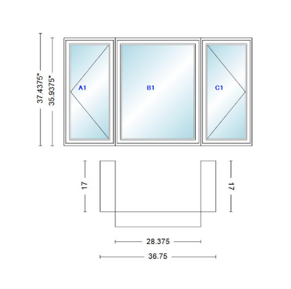 Andersen 400 Series Casement Bay Window Left-Stationary-Right 36 3/4" Wide Casement With Casement Flankers 90 Degree Angle Of Deflection Vinyl Exterior Wood Interior Low-E4 Dual Pane Argon Gas