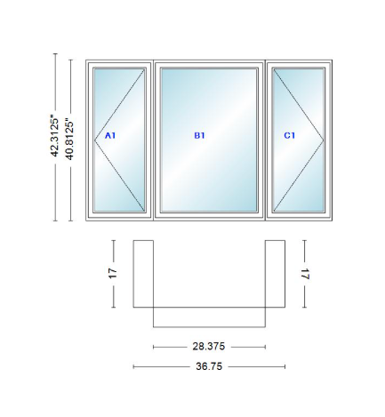 Andersen 400 Series Casement Bay Window Left-Stationary-Right 36 3/4" Wide Casement With Casement Flankers 90 Degree Angle Of Deflection Vinyl Exterior Wood Interior Low-E4 Dual Pane Argon Gas