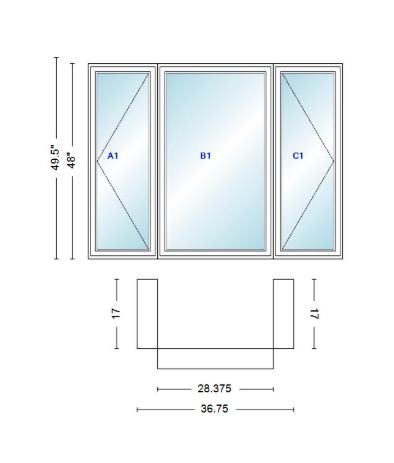 Andersen 400 Series Casement Bay Window Left-Stationary-Right 36 3/4" Wide Casement With Casement Flankers 90 Degree Angle Of Deflection Vinyl Exterior Wood Interior Low-E4 Dual Pane Argon Gas