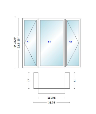 Andersen 400 Series Casement Bay Window Left-Stationary-Right 36 3/4" Wide Casement With Casement Flankers 90 Degree Angle Of Deflection Vinyl Exterior Wood Interior Low-E4 Dual Pane Argon Gas