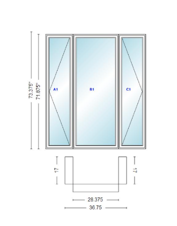 Andersen 400 Series Casement Bay Window Left-Stationary-Right 36 3/4" Wide Casement With Casement Flankers 90 Degree Angle Of Deflection Vinyl Exterior Wood Interior Low-E4 Dual Pane Argon Gas